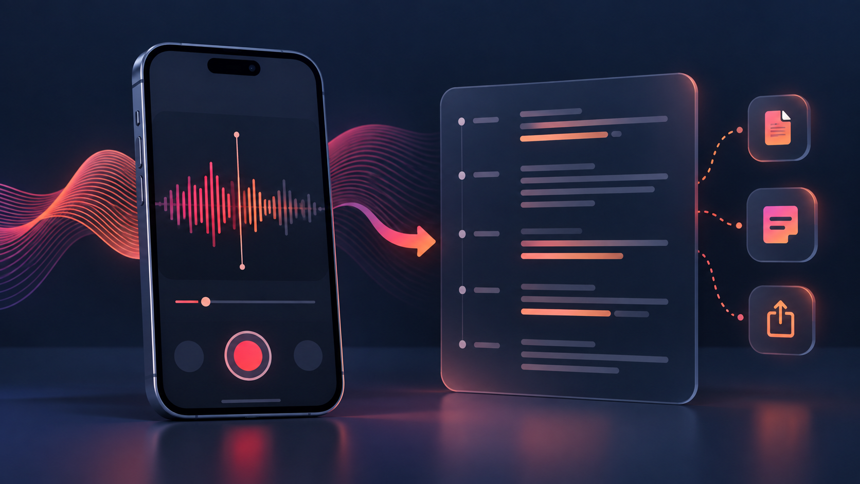An iPhone voice memo waveform flowing into a timestamped text transcript